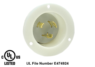20 AMPERE-250 VOLT (NEMA L6-20P) LOCKING FLANGED PANEL MOUNT POWER INLET, 2 POLE-3 WIRE GROUNDING (2P+E), IMPACT RESISTANT NYLON BODY, SPECIFICATION GRADE. WHITE. 
<br><font color="yellow">Notes: </font>
<br><font color="yellow">*</font> For weatherproof / dust proof applications use #5201-WC cover or #79485 cover.
<br><font color="yellow">*</font> NEMA Panel Mount Power Inlets with same mounting design listed below. 
<BR>**NEMA #L5-20FI Locking Inlet(20A-125V). Accepts Nema L5-20C Connectors.
<BR>**NEMA #L5-30FI Locking Inlet(30A-125V). Accepts Nema L5-30C Connectors.
<BR>**NEMA #L6-20FI Locking Inlet(20A-250V). Accepts Nema L6-20C Connectors.
<BR>**NEMA #L6-30FI Locking Inlet(30A-250V). Accepts Nema L6-30C Connectors.
 <br><font color="yellow">*</font> Terminals accept 14AWG-8AWG. Max torque = 12 in. lbs. Temp. range = -40�C to +75�C.
<br><font color="yellow">View:</font> High Power NEMA Locking 20A, 30A Power Inlets. <a href="https://www.internationalconfig.com/catalog_pages/flanged_inlets_flanged_outlets_guide.pdf" style="text-decoration: none">NEMA Flanged Outlets 
 & Inlets Guide</a> 
<br><font color="yellow">*</font> Plugs, power cords, outlets, connectors, inlets are listed below in related products. Scroll down to view.
 