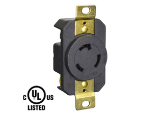 20 AMPERE-250 VOLT NEMA L6-20R LOCKING OUTLET (2P+E), BACK OR SIDE WIRED, 2 POLE-3 WIRE GROUNDING. BLACK. 