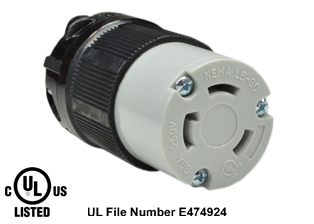 30 AMPERE-250 VOLT NEMA L6-30R LOCKING CONNECTOR, SPECIFICATION GRADE, IMPACT RESISTANT NYLON BODY, CABLE DUST / MOISTURE SHIELD (IP20), 2 POLE-3 WIRE GROUNDING (2P+E). BLACK / GRAY. 
 
<br><font color="yellow">Notes: </font> 
<br><font color="yellow">*</font> Terminals accept 14/3, 12/3, 10/3 AWG size conductors.
<br><font color="yellow">*</font> Strain relief (cord grip range) = 0.375-1.156" dia.
<br><font color="yellow">*</font> Temp. range = -40�C to +75�C.
<br><font color="yellow">*</font> Power cords, plugs, connectors, outlets, inlets, receptacles, adapters are listed below in related products. Scroll down to view.