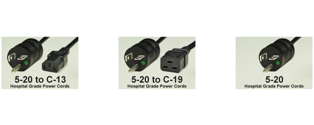 20 AMP - 125 VOLT HOSPITAL GRADE POWER CORDS.
<br>HOSPITAL GRADE, "GREEN DOT" NEMA 5-20P PLUGS TO VARIOUS CONNECTION ENDS. IEC 60320 C-13, C-19 CONNECTORS AND UNTERMINATED ENDS. 14/3 AWG SJT, SJTO, SJTOW TYPE CORDAGE, 105C, 2 POLE-3 WIRE GROUNDING (2P+E), UL/CSA LISTED, 3.05 METERS (10 FEET) (120") LONG. COLORS AVAILABLE: BLACK. 

<br><font color="yellow">Notes: </font> 
<br><font color="yellow">*</font> Custom lengths and colors available.
<br><font color="yellow">*</font> Visit our <a href="https://www.internationalconfig.com/power-cords-hospital-grade-power-cords.asp" style="text-decoration: none">Hospital Grade Power Cord Selector</a> to view all NEMA hospital grade products.
<br><font color="yellow">*</font> Hospital grade power cords, plugs, connectors are listed below in related products. Scroll down to view.

