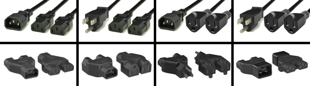 IEC60320 Splitter adapters & power cords, NEMA splitter adapters & power cords. 
<BR> Splitter adapters and splitter power cords convert one power outlet into two or more power outlets.
<BR>

<br><font color="yellow">Notes: </font>
<BR>
<font color="yellow">*</font><font color="yellow">*</font><font color="yellow">*</font> Scroll through related products. View and select compact splitter adapters or power cord Y splitters.
 


